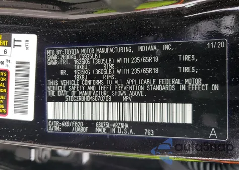 2021 Toyota Highlander L z USA, uszkodzony, nr VIN 5TDCZRBH0MS070708